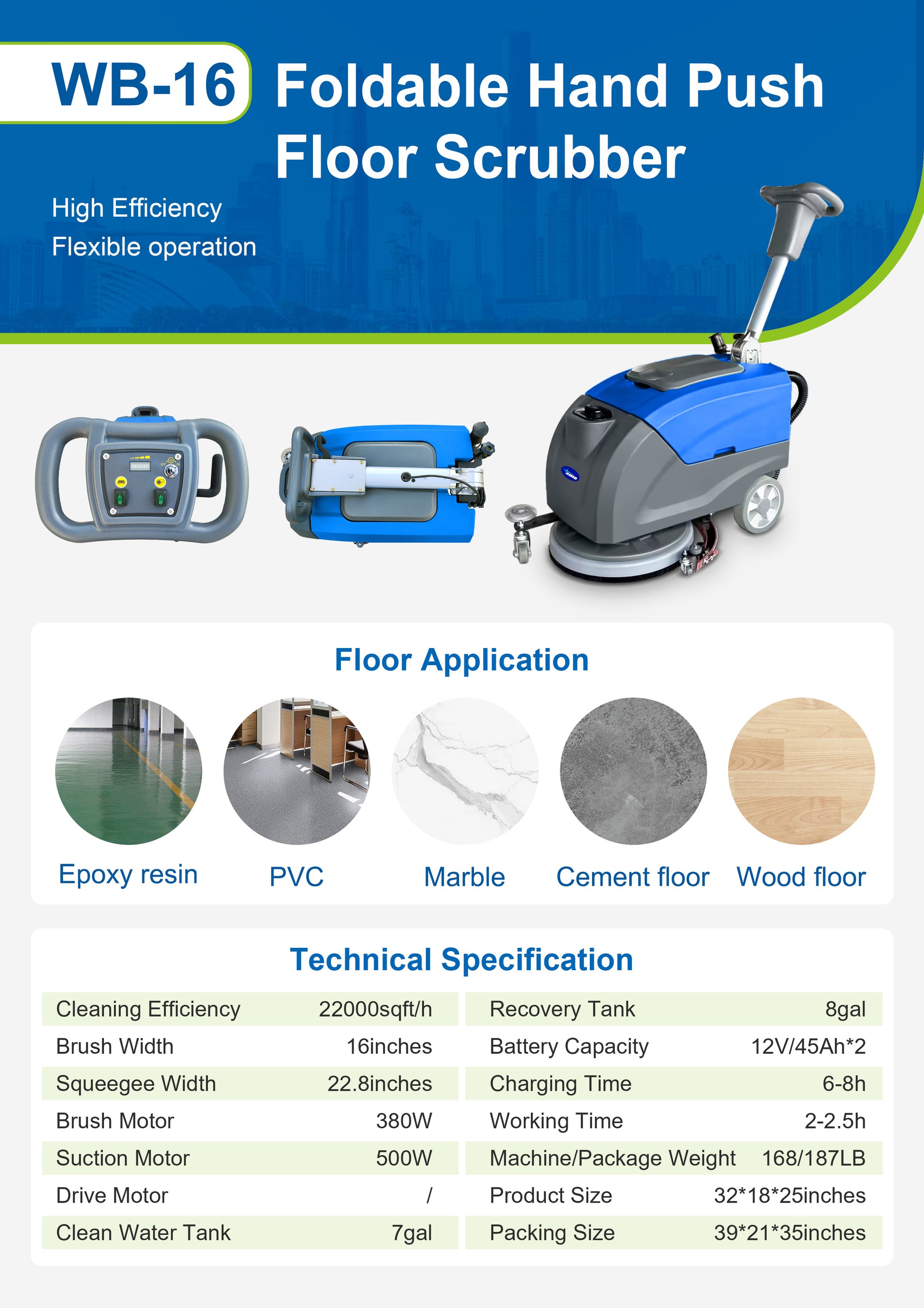 WB-16 Foldable Hand Push Floor Scrubber
